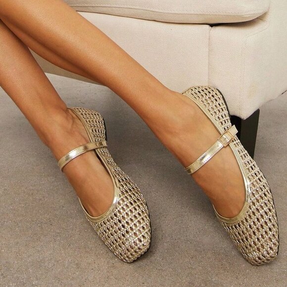 Gold Elegant Womens Woven Pu Square Toe Comfortable Mary Jane Ballet Flats - Picture 2 of 7